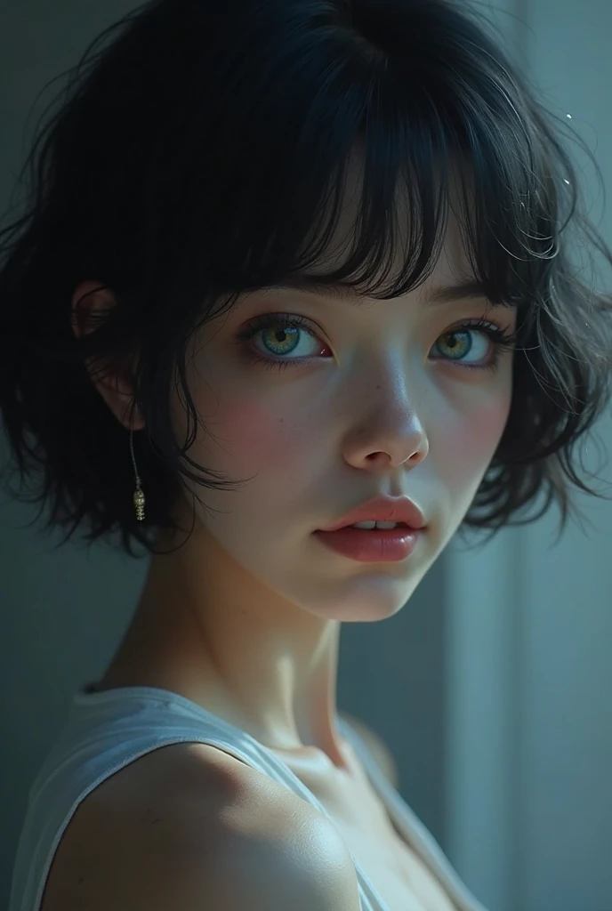 It should be a girl, whit short black hair and blue eyes - SeaArt AI