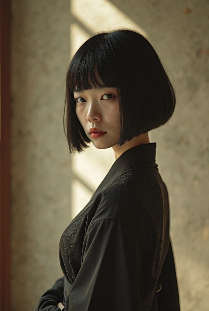 EDITORIAL PHOTOGRAPHY,  Super Detailed Backgrounds  ,Super Real, Shade,depth of field, perfect ???????、Goddess Amenouzumenomikoto 、full body、cool beauty super slim skinny video, Soft Focus Sepia Tone ,movie scene,It was transparent,Wabi-sabi,Shioriness,looking at the camera、???????、Geometric model witch costume,is looking away at the female ????????,  Super Short Straight Bob Hairstyle ,Japanese Mythology Worldview 、natural light、Heaven Realm