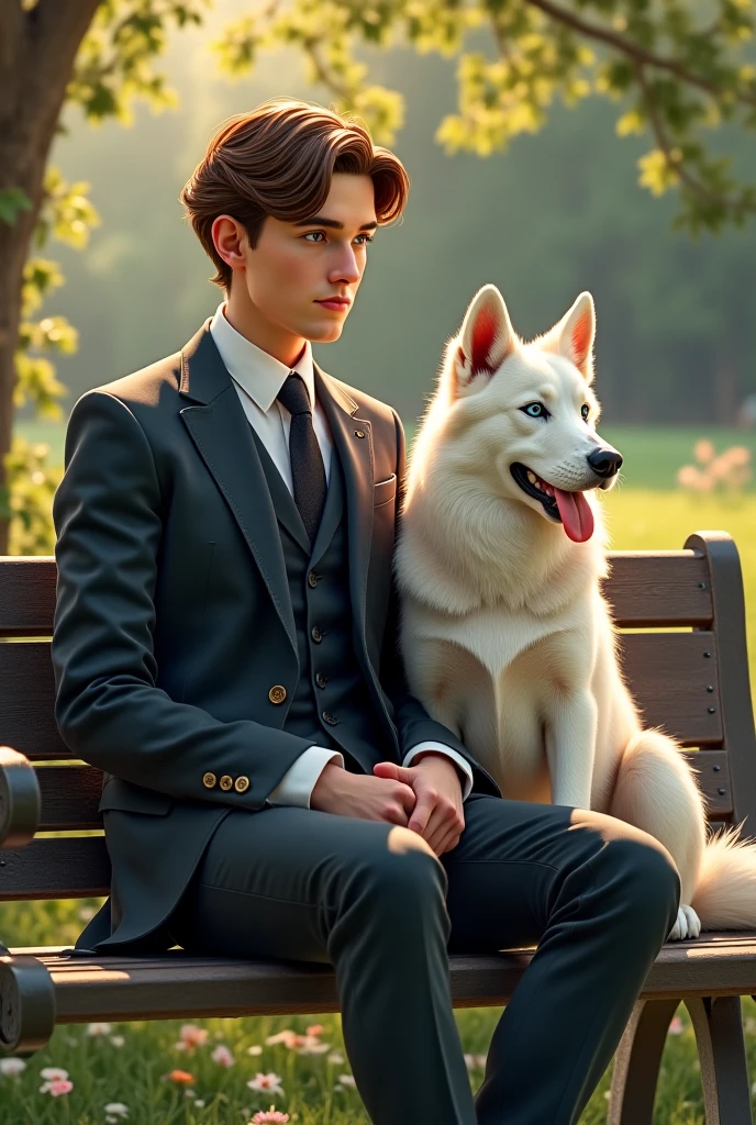 A tall handsome boy with long brown hairs and blue eyes wearing a three piece suit dress sitting on bench next to his white furry dog