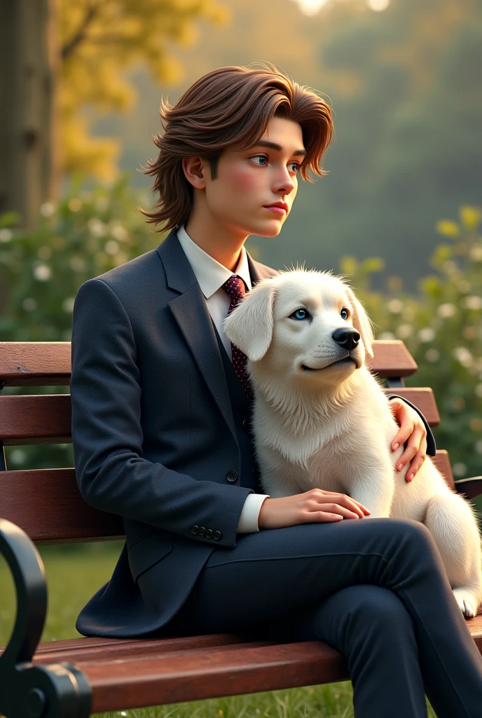 A tall handsome boy with long brown hairs and blue eyes wearing a three piece suit dress sitting on bench next to his white furry dog