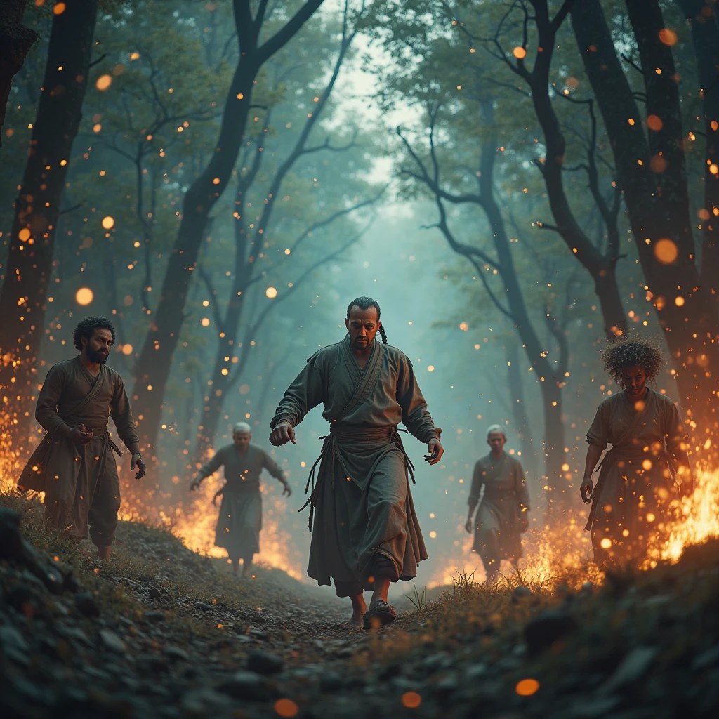 A 3-cornered battle between humans, bunian and jinn, 1080 HD, realistic dynamic cinematic cinematic movie, human figure with tense expression, traditional clothing, magic and supernatural powers, Mystical nature background with old trees, rumah kayu, lit light, magic of fire and wind, fantasy concept art, digital illustration, best quality, 4K, ultra-detail, photorealistic, HDR, studio lighting, vivid colors, bokeh.