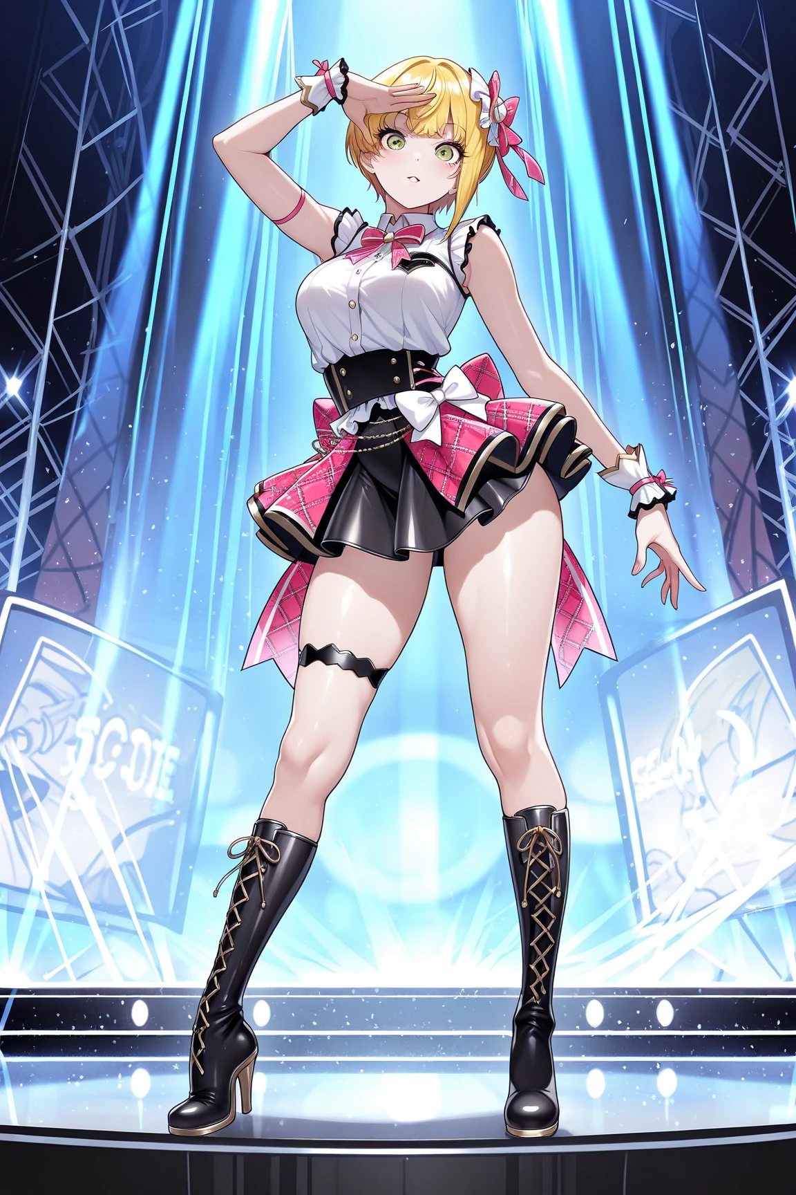 1girl, solo, masterpiece, pop idol, pink hair, pigtails, twin-tails, green eyes, blush, smile, cute face, cat-eared headphones, idol outfit, ((frilly, midriff, sleeveless, 1cutout, cleavage cutout, matching gloves)), ((matching boots)), ((bike shorts, pleaded skirt, miniskirt)), (bubbles, stage backdrop), day, depth of field, cowboy shot, sparkles, full body shot, full body with costume, perfect anatomy, standing, age 17, ((perfect hands)). medium breasts