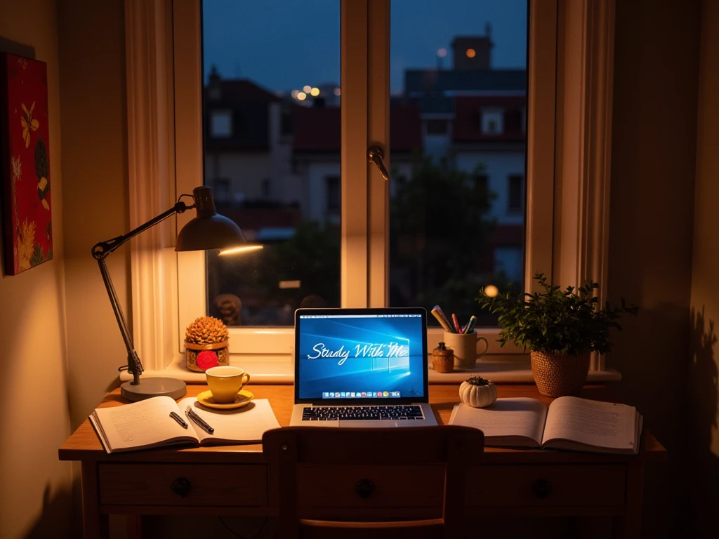 A cute Japanese girl studying or working at her desk、relax、night、Real、focusing、Gentle feeling