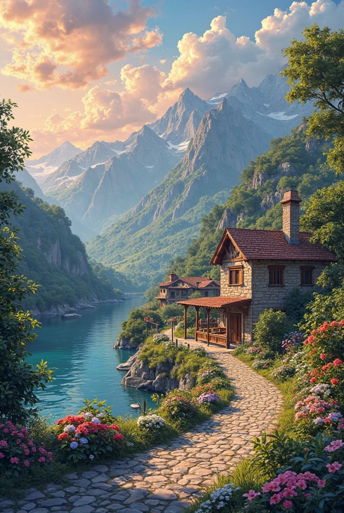 make imge having following content: Foundation t rank, Job public holi 2nd rank, Manage fund, maintain integrity, Thakful for present, Love evereyonea small village by the river, mountains in the background, floral flowers colorful, detailed landscape, Beautiful natural landscapes, atmospheric lighting, scorching sunset, warm colours, practical, photopractical, Detailed Foliage, complex buildings, cobblestone street, Charming country house, swirly vibrant colors, lush vegetation, Still water reflections, Picturesque, idyllic, work of art, best qualityer, 8k, extremely detaild,anime styling