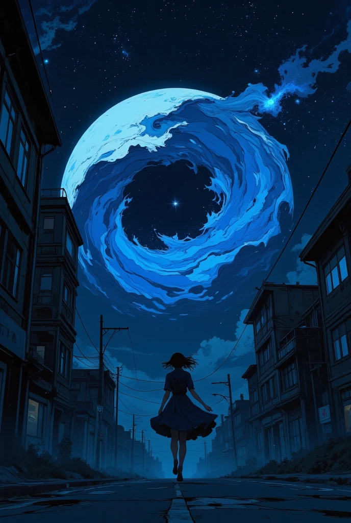 a woman in white dress, sitting on the couch, she is raising her hands touching the window glass, she is watching outside the window, a blue spiral galaxy appearing in the night sky, cinematic, very aesthetic, starry sky.