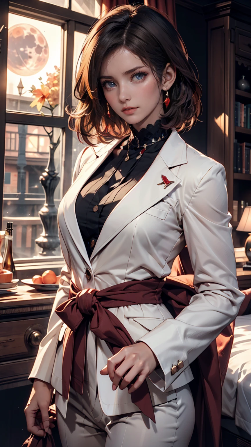 night ,  pitch black , At the window, A lovely woman,  white suit, panic, energy flow, Red Moonlight, dark eyes, Super detail on the face, short black hair with waist, Super detail on the face, extremely realistic, 4K, chiaroscuro, Ultra High Resolution