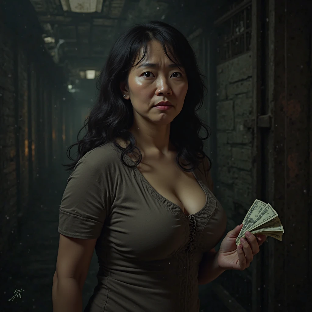 A middle-aged Korean  who is fat and has received money with G-cup breasts