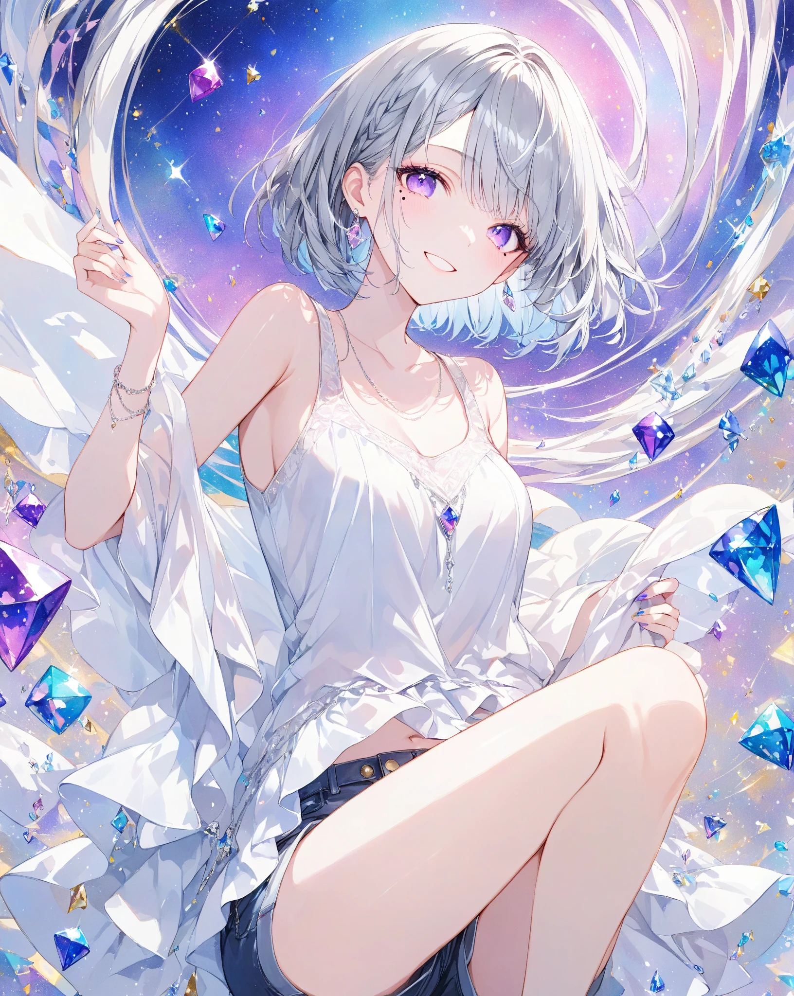 1girl, white hair, yellow eyes, white long dress, (curled up:1.2), profile, hugging own legs, looking at viewer, \nfull body, depth of field, \nfloating in the universe, The universe, the stars