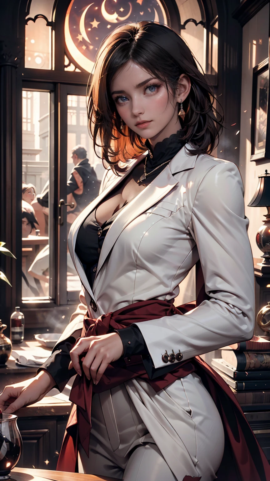 (cowboy shot), a beautiful young woman with long red hair, lora_Emma, ((black high waist leather pants)), ((formal white top with cleavage)), decorated waist belt, ((a white fur coat)), reflective silk scarf, (red shaded sunglasses), (best quality,4k,8k,highres,masterpiece:1.2),ultra-detailed,(realistic,photorealistic,photo-realistic:1.37),detailed face, detailed eyes, detailed lips, long eyelashes, beauty, fashion, portrait, glamorous, elegant, studio lighting, dramatic lighting, high contrast, vivid colors, cinematic, ((coat on shoulders))