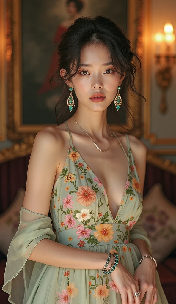A high-fashion portrait of a Korean model with a perfect figure in a silk dress decorated with colorful spring flowers. The deep neckline reveals the elegance of her neck and shoulders, while her hair is styled in thick, lifted curls, and her makeup is highlighted with smoky eyeshadow to highlight her face. Large emerald earrings and a bracelet add novelty to her look. The background is a luxurious Baroque interior with paintings and lamps, emphasizing the combination of simplicity and luxury. The light reflects the folds of the fabric, creating an atmosphere of casual chic, where beauty becomes art.
