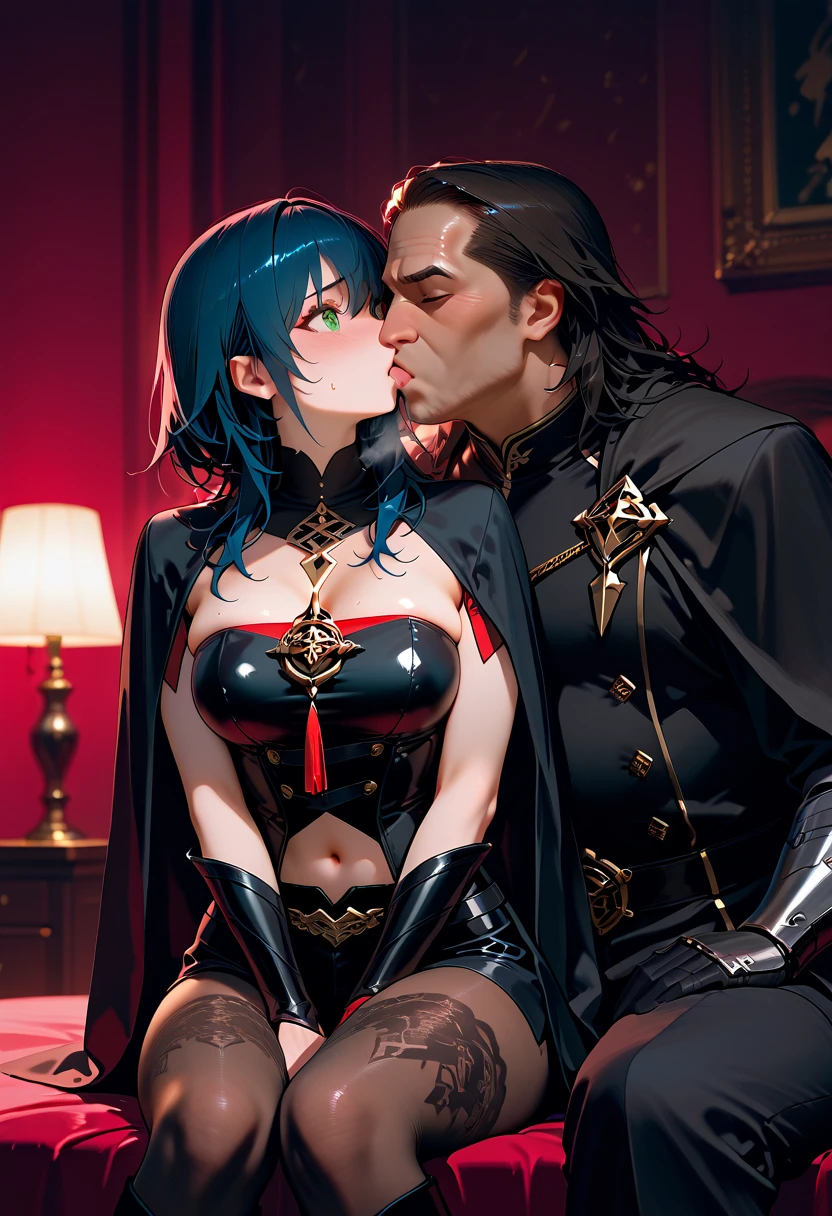 Crimson long hair、black horns、Pointed ears