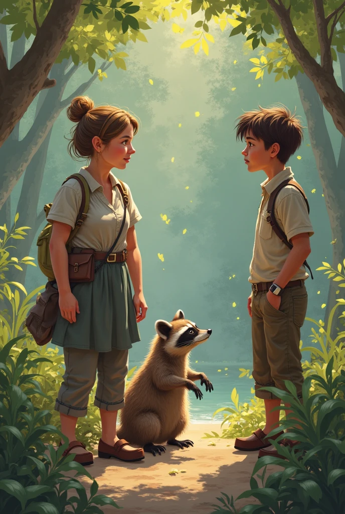 Animal educator Mrs. Sonnenschein talks to raccoon, Animal lover Ben looks sad, Does the head hold tight from pain