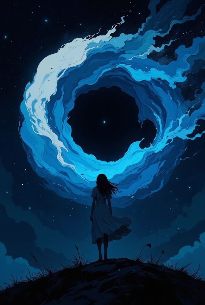 a woman in white dress, sitting on the couch, she is raising her hands touching the window glass, she is watching outside the window, a blue spiral galaxy appearing in the night sky, cinematic, very aesthetic, starry sky.
