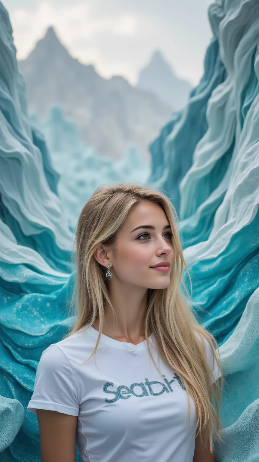 mountains and sea made of waving photorealistic fabrics , seaart,A woman wearing a T-shirt with "seaart" written on it.