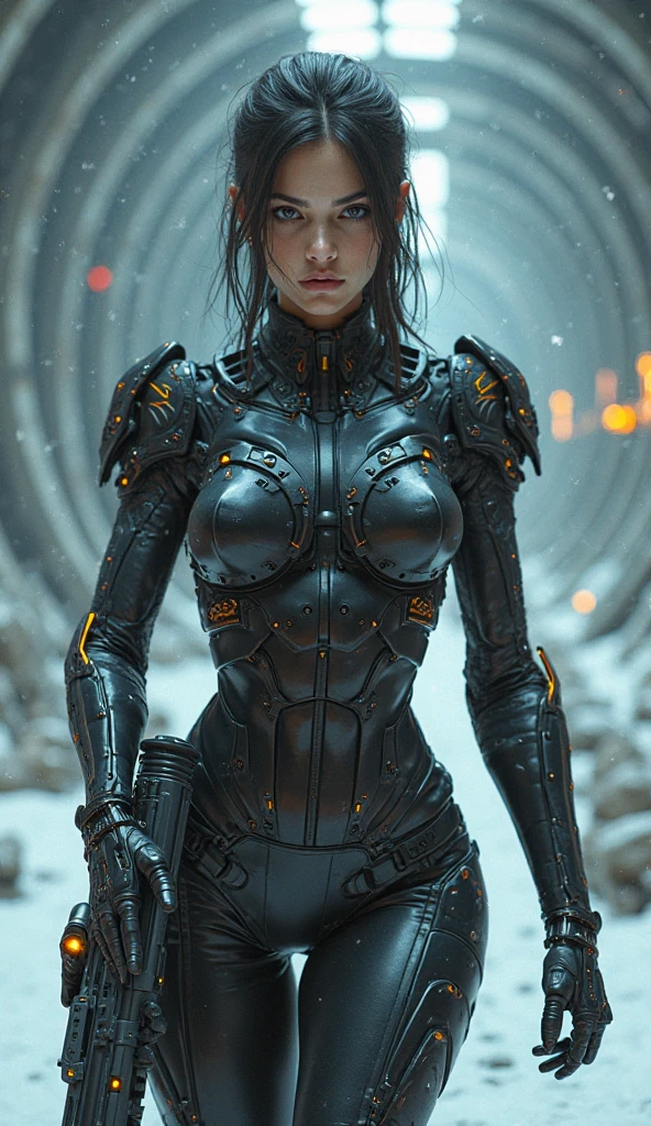 Big tunnel, cyborg girl up,pakaian mecha black Oren neon glossy winter,hold Trief fierd, looking at Camera keep the character consistent cyborg running
