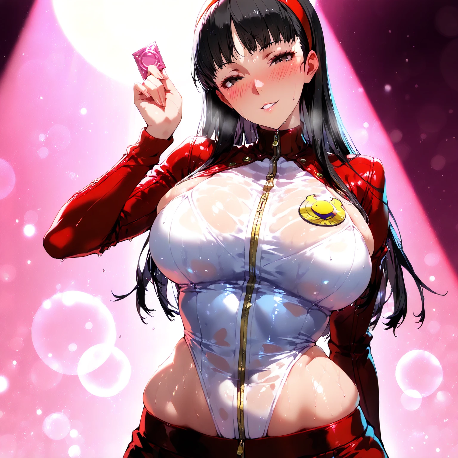 score_9, score_8_up, score_7_up, uncensored, source_anime, 1girl, solo, gyaru, looking at viewer, mdnrnd, red eyes, black hair, very long hair, large breasts, turtleneck sweater, red sweater, , bags under eyes, amimia, makeup, purple eyeshadow, purple lips, licking lollipop, smile, shiny skin, face focus, choker, polished nails, BREAK outdoors, tokyo \(city\), night time, blurry background, city lights, neon lights,nipple, areola