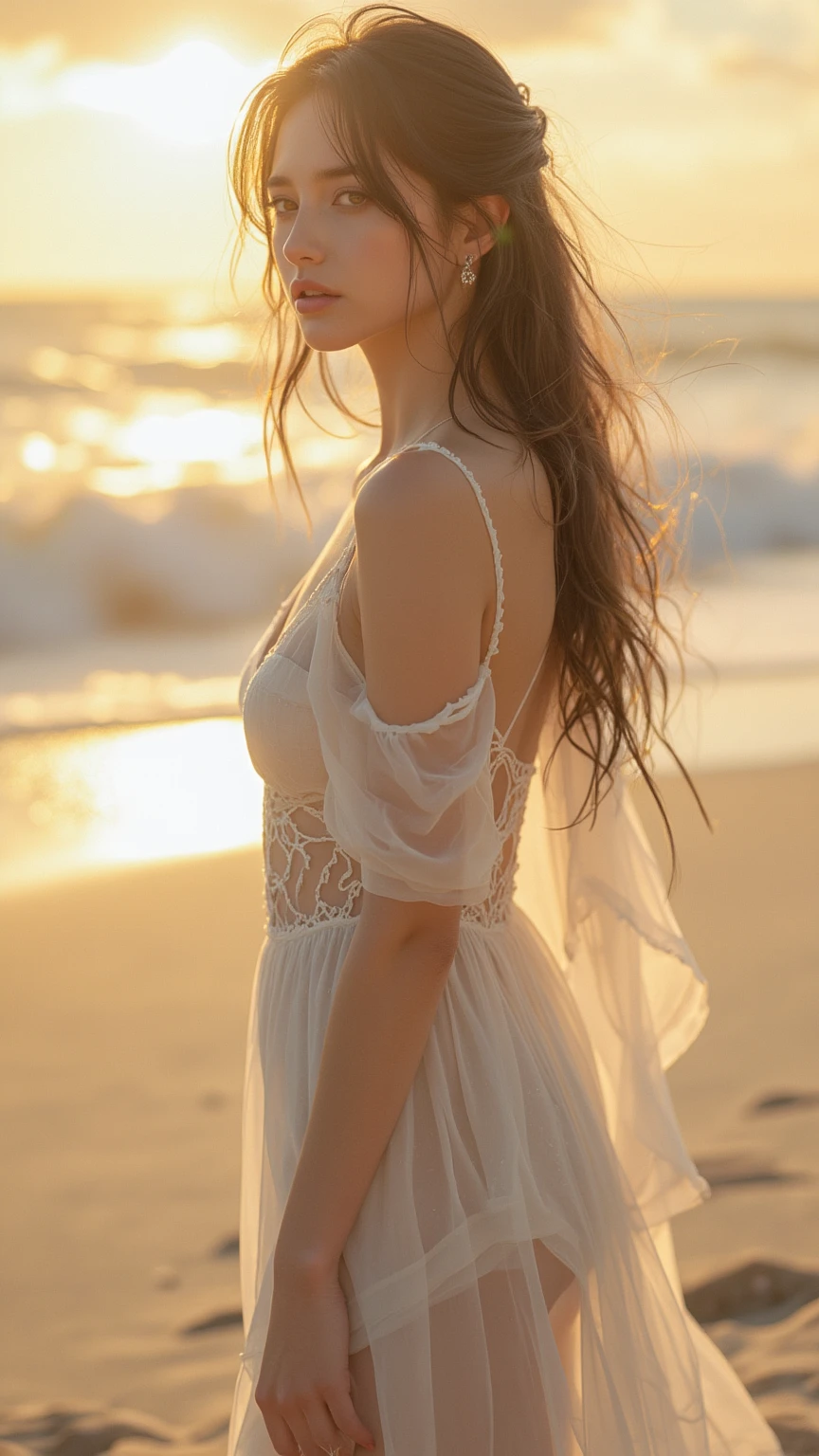 sunset lighting, (Improve Fuji color quality), (Best quality), (model), backlight, There is light on the face, (Amelioration de la qualite), Delicate eyes, delicate face, yeux de bonne qualité, teinture cheveux rouge, 168 cm