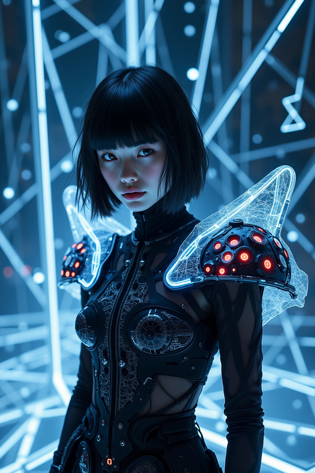 1girl,sexy,(fashion anarchist:1.4), inverted shoulder pads containing mini particle accelerators, multi-layer garment combining Kevlar weave/glass shards/OLED scales, posing in prismatic void space with floating garment blueprints, Maison Margiela meets Zaha Hadid architecture, 3D wireframe overlay effect