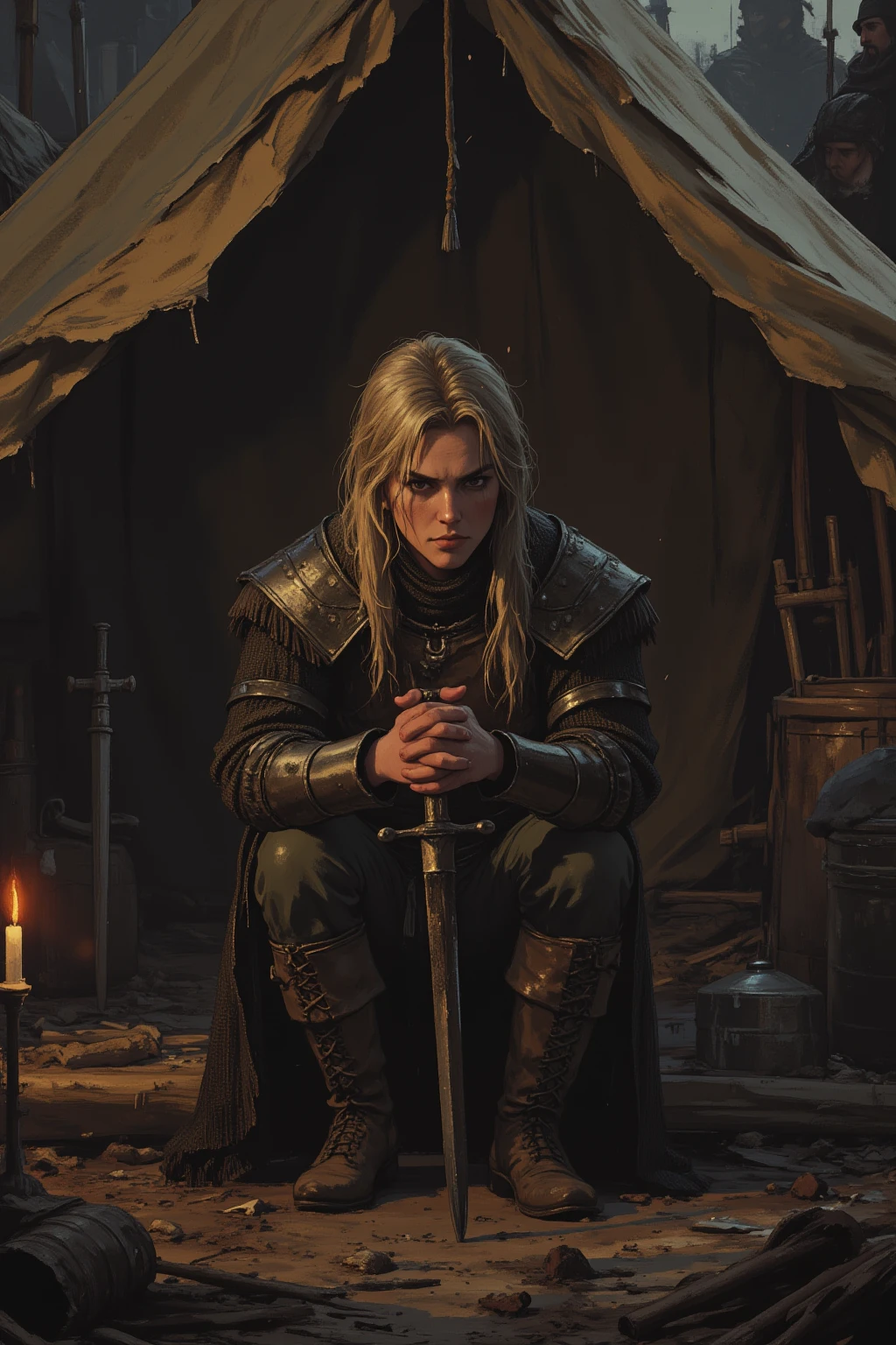 ,full lenght  tired after a battle medieval witcher rpg style  brown short  heir and frecless young female mersinaries in worn outfit and boots seet and  rest in the camp knight tent- , , detailed face, whole body, trending on artstation, sharp focus, studio photo, intricate details, highly detailed, by greg rutkowski, more detail XL, hyper detailed, realistic, , cinematic lightingКороткие волосы, Голубые глаза, Коричневые волосы, Простой фон, Украшение для волос, Лента, Ковбойская съемка, Шедевр, Реалистичная анатомия, Точность, Лучшее качество, HD-модель, Сверхвысокая чёткость, Короткие волосы, Хроматическая аберрация, Рендеринг 8K, 