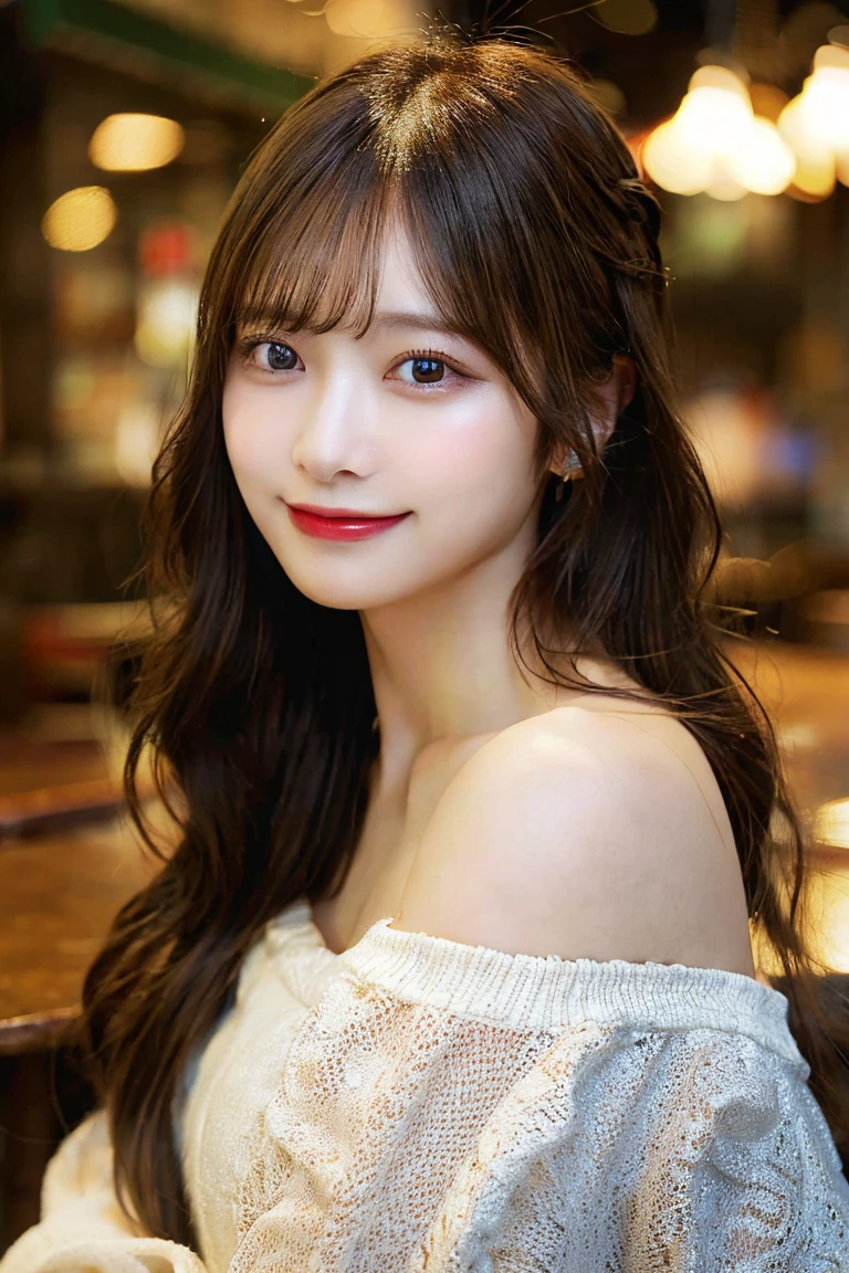 table top, highest quality, shape, Super detailed, finely, High resolution, 8k wallpaper, Perfect dynamic shape, beautiful and detailed eyes, D cup, natural color lip, random sexy pose,smile、20 year old girl、midnight、Beautiful and dense face、perfect and beautiful face,Big eyes、real photos(best image quality),Sheer off-shoulder dress (off white)、looking at camera、Please stand、Do gal makeup,blurred pool background