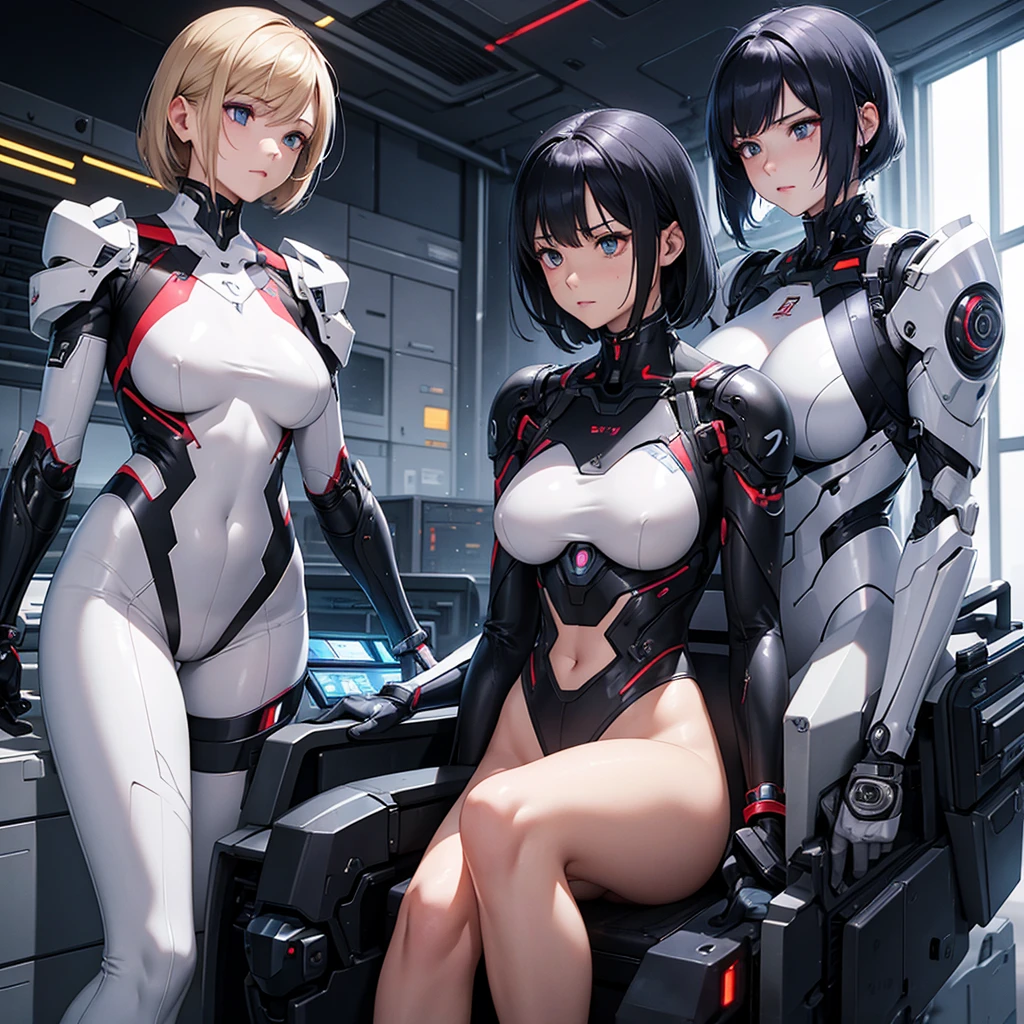(((masterpiece)))), (((highest quality)))), ((Ultra fine)), (Highly detailed photo reality), ((very delicate and beautiful)), (Delicate and cute face), cinematic light, (((100 girls)), 100 people, full body, big, Skin with visible cleavage, gray hair, purple eyes, shining eyes, exposed skin on thighs, (mechanical joint: 1.4), (mechanical limbs)), ( blood vessels connected to tubes), (((mechanical vertebrae attached to the back)), ((mechanical cervical vertebrae) attached to the neck)), ((sitting)), No expression, (Wires and cables attached to head and body: 1.5), (character focus), Equipped with a small LED lamp on the body, ghost in the shell, SF, Metal, Metallic body, detailed neon, hydraulic cylinder、camel toe、huge tit、Nipple Puffs、cleavage、Plump、Super big breasts、super big butt、prototype、full body photo、Group photo、multiple、Transition to mass production、roll out、union、symmetrical docking、robocop