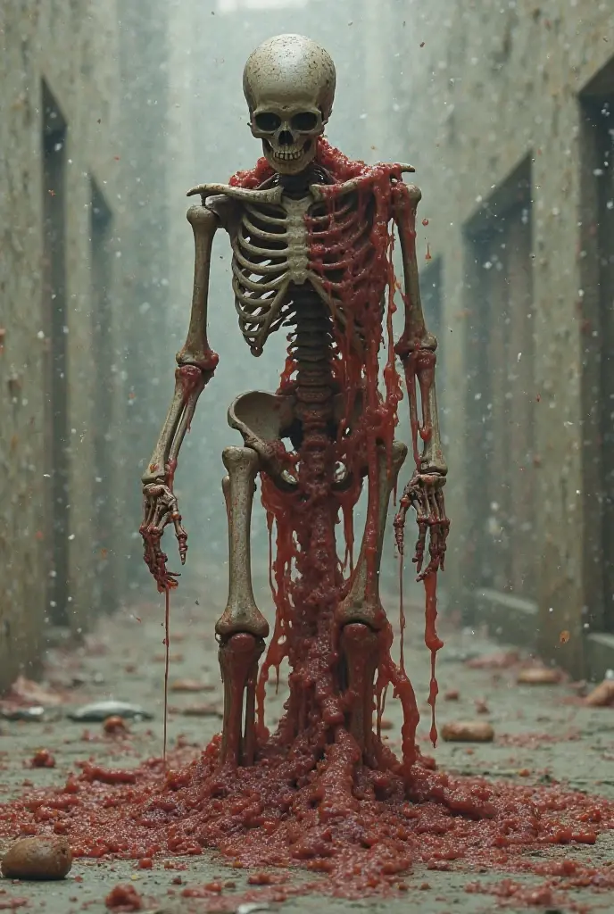 Dramatic, tiny man bursting from inside gun wound, meat covering man, bloody, meat background 