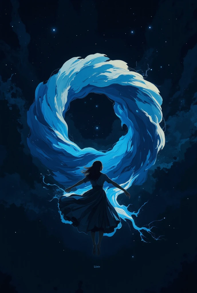 a woman in white dress, sitting on the couch, she is raising her hands touching the window glass, she is watching outside the window, a blue spiral galaxy appearing in the night sky, cinematic, very aesthetic, starry sky.