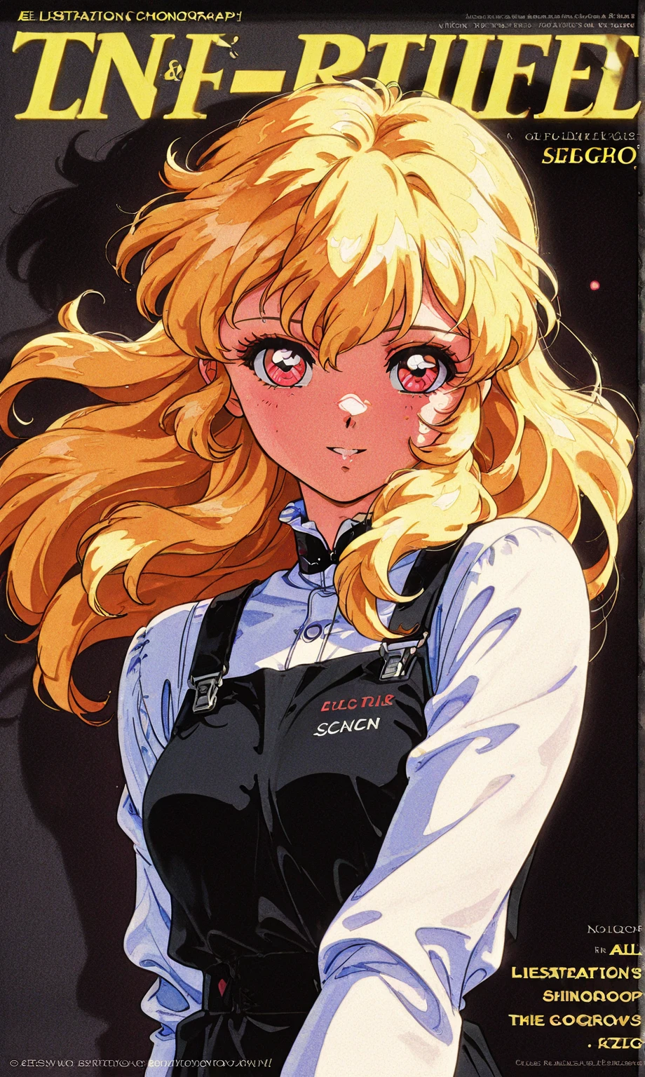 A girl with long neon yellow hair. She has red eyes. She has big lips. She is reaching out. She is wearing white