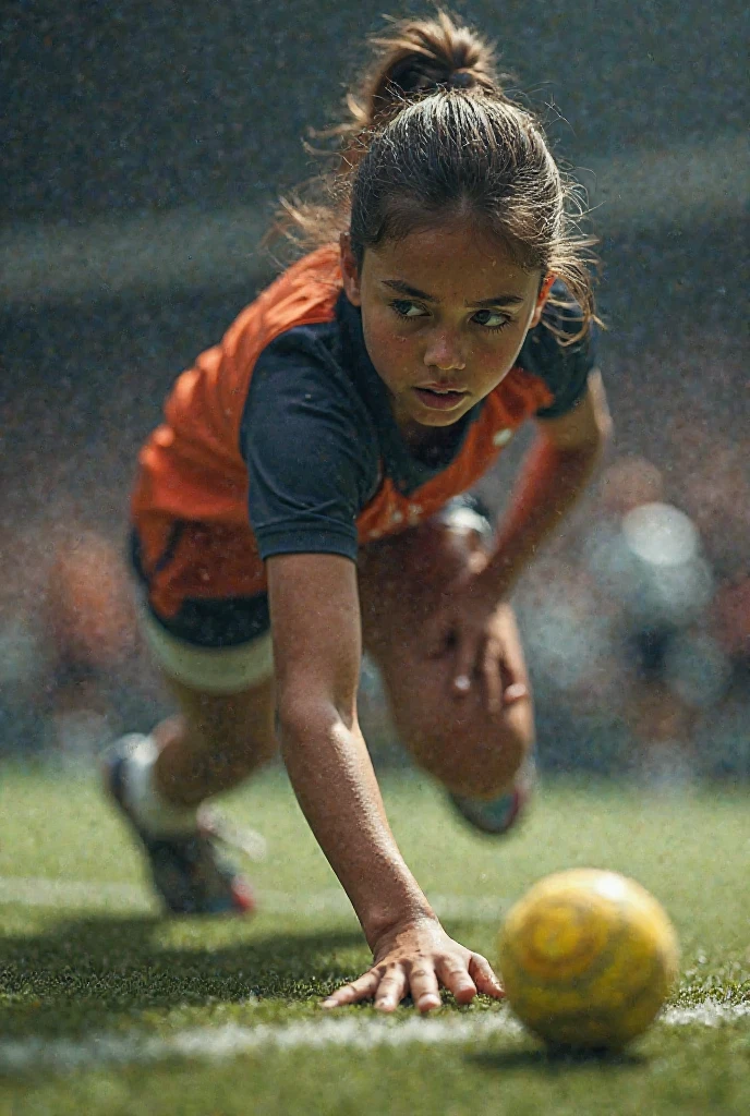 A child runs on the football field，laughing out loud，photograph，Realistic，close up