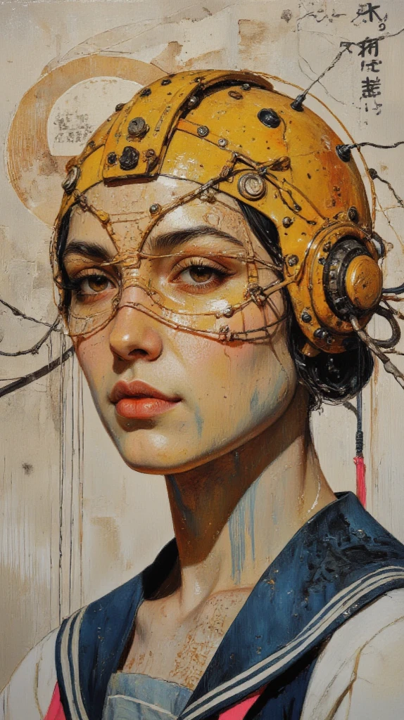 Breathtaking beauty, cyberpunk, beautiful Japanese woman , digital close-up painting depicting the face of a futuristic character, contrasts with the mechanical nature of the headdress {x} The typography partially overlaps with her own objects {x} The woman's face is partially obscured by an intricate cybernetic headdress made of faded yellow metal, The headdress contains 々 technical elements embellished with , contains intricate decorative , with yellow lenses and eyes , groove, screw and wire , connected to her neck and torso , creates an old look that has changed over time , technical elements , typography is complex programming language , , the character's lips are closed and glossy , Oily skin, with a beige surface , a futuristic cyborg aesthetic has been created , The color palette includes Burnt Schener , maintains a feminine shape and bright pink , Japanese High School Uniform , wearing sailor suit , The background is a broken , Rough Textures , with well-balanced neutral neon lighting . , the character's skin is extremely feminine 、 neutral vibe . part of it has a rusty appearance , Vermilion, cadmium yellow , cobalt blue 、, clear brown eyes reflect the scene reflected in the eye , An electrical cable extends from the headdress , provides high contrast and saturation 、 . style is digital art , cyberpunk, steampunk, The overall composition emphasizes the fusion of man and machine , , psychedelic ,