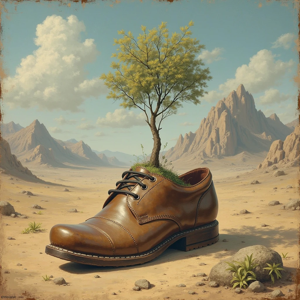 A medieval painting of a shoe with a tree growing out of it\'s soles in the desert with mountains in the background