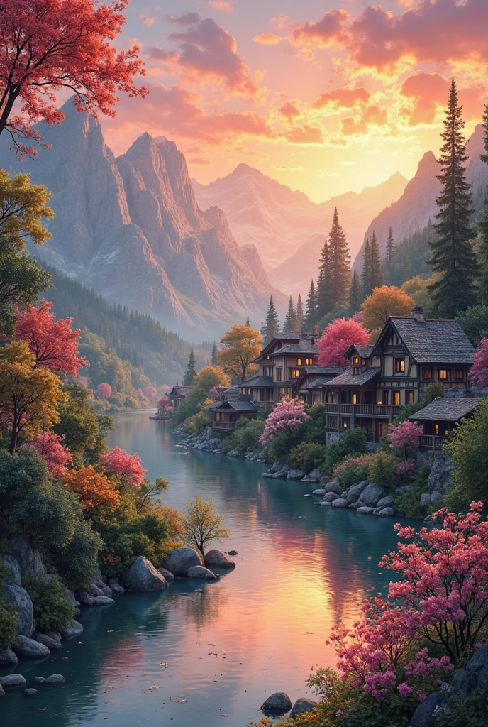 a small village by the river, mountains in the background, floral flowers colorful, detailed landscape, Beautiful natural landscapes, atmospheric lighting, scorching sunset, warm colours, practical, photopractical, Detailed Foliage, complex buildings, cobblestone street, Charming country house, swirly vibrant colors, lush vegetation, Still water reflections, Picturesque, idyllic, work of art, best qualityer, 8k, extremely detaild,anime styling