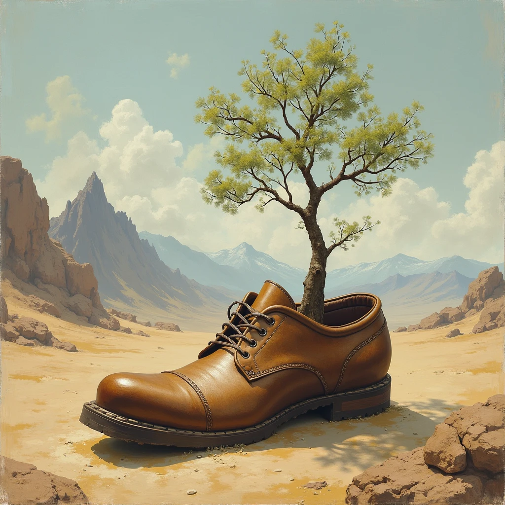 A medieval painting of a shoe with a tree growing out of it\'s soles in the desert with mountains in the background