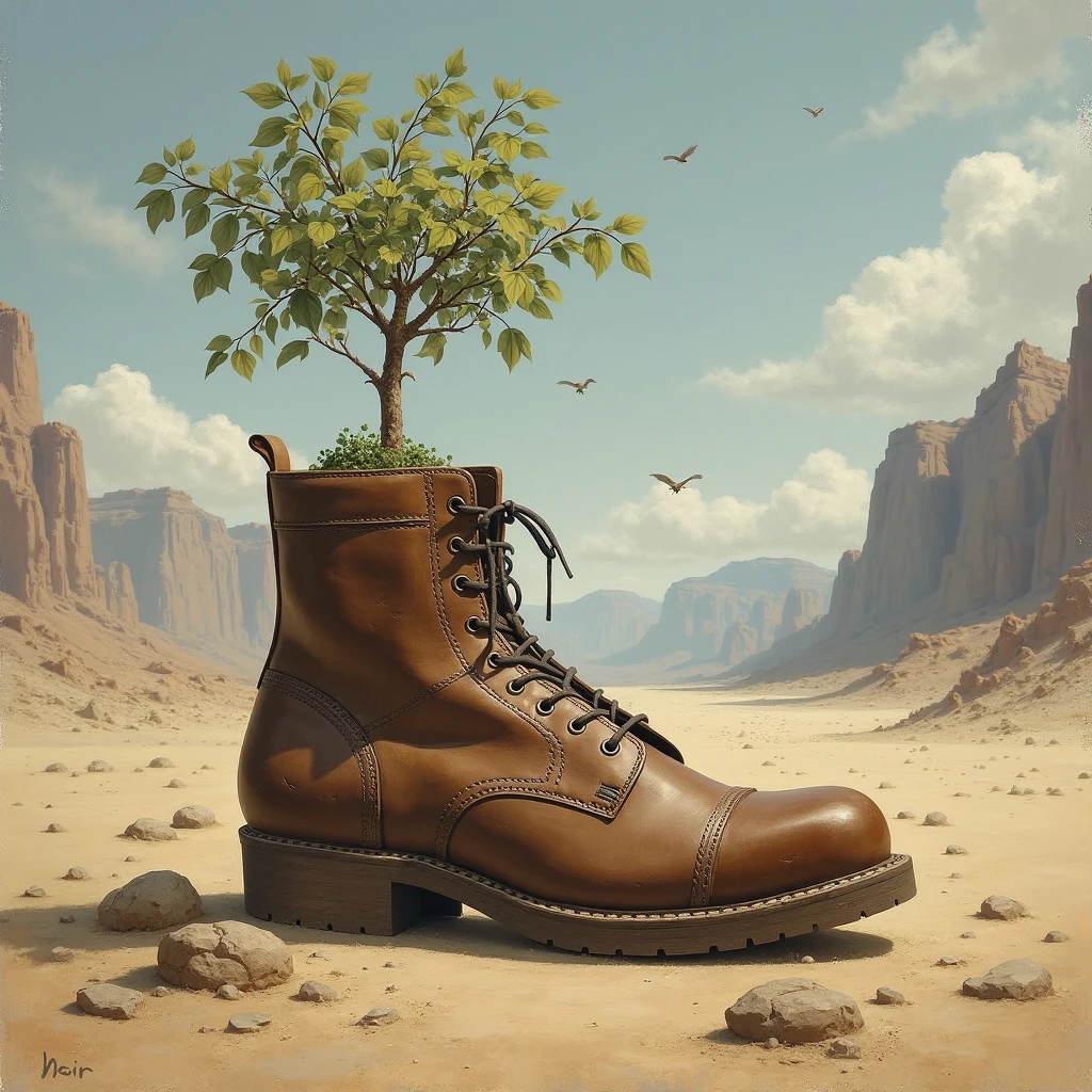 A medieval painting of a shoe with a tree growing out of it\'s soles in the desert with mountains in the background