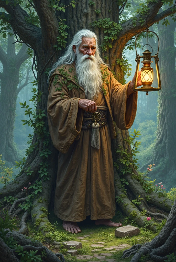 create an illustration of an old man that's a god of the forest, in one hand holding a lantern and a tree in the other