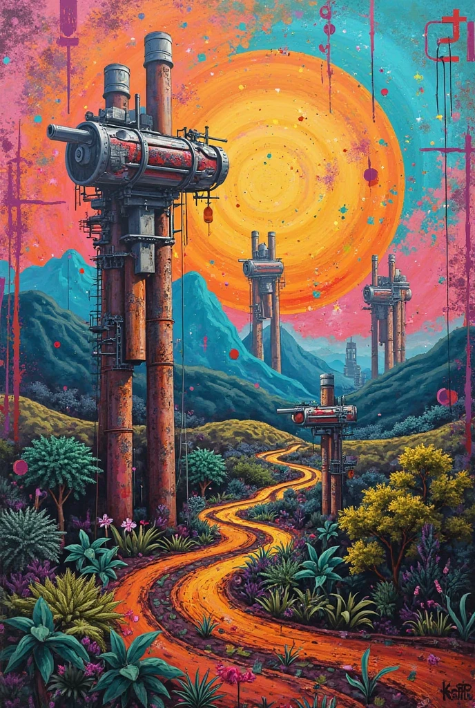 A futuristic agricultural engineering mural, combining tractors, irrigation systems, and BAU's heritage, vibrant graffiti style."*  