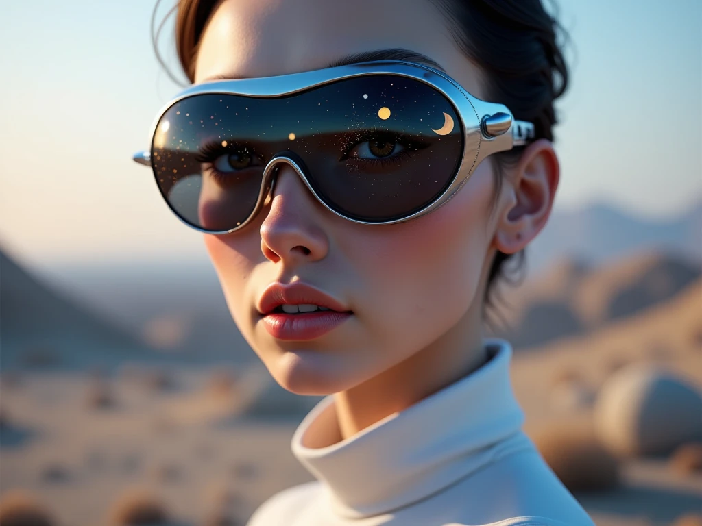 The model is wearing glass sunglasses with stars and the moon on the glass