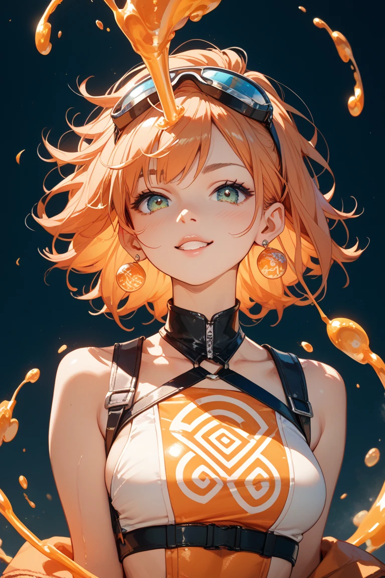 Generate an image of a DNA spiral floating in an orange liquid。