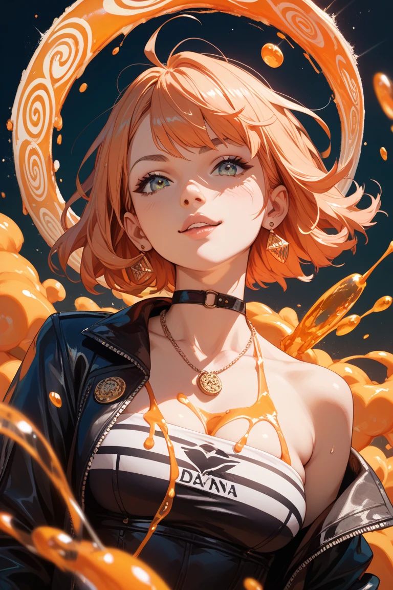 Generate an image of a DNA spiral floating in an orange liquid。