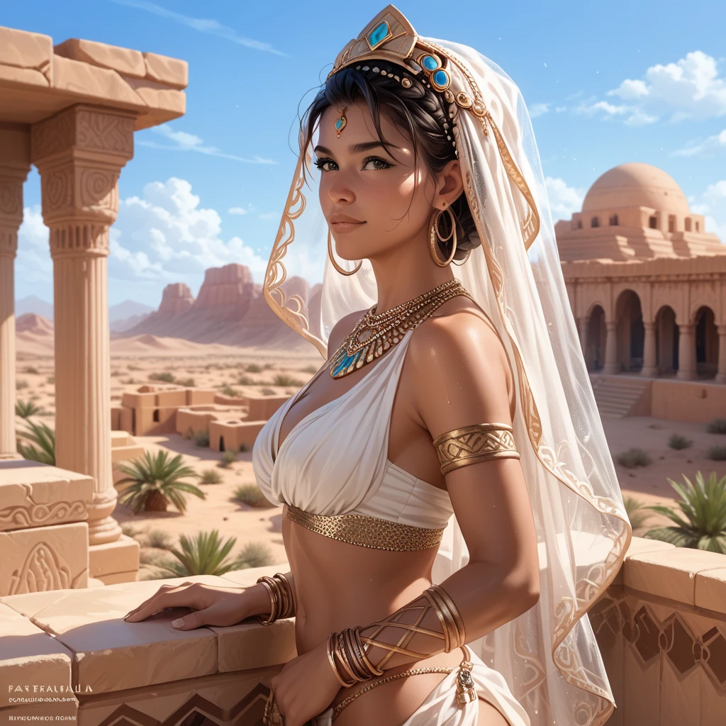 A mysterious and elegant woman from a matriarchal desert culture. She wears a flowing, bright veil and finely layered garments, typical of a desert society. Her eyes are expressive and intelligent, with a calm, impenetrable gaze. She stands on a roof terrace in warm evening light, in the background subtle Sabay desert architecture. The atmosphere is calm, complex and emotionally charged.