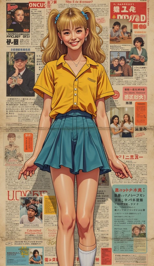 collage art、retro collage、magazine clippings、VINTAGE MATERIAL、blond woman、smile、２０００Decade Style、loose socks、Japanese High School Uniforms、
