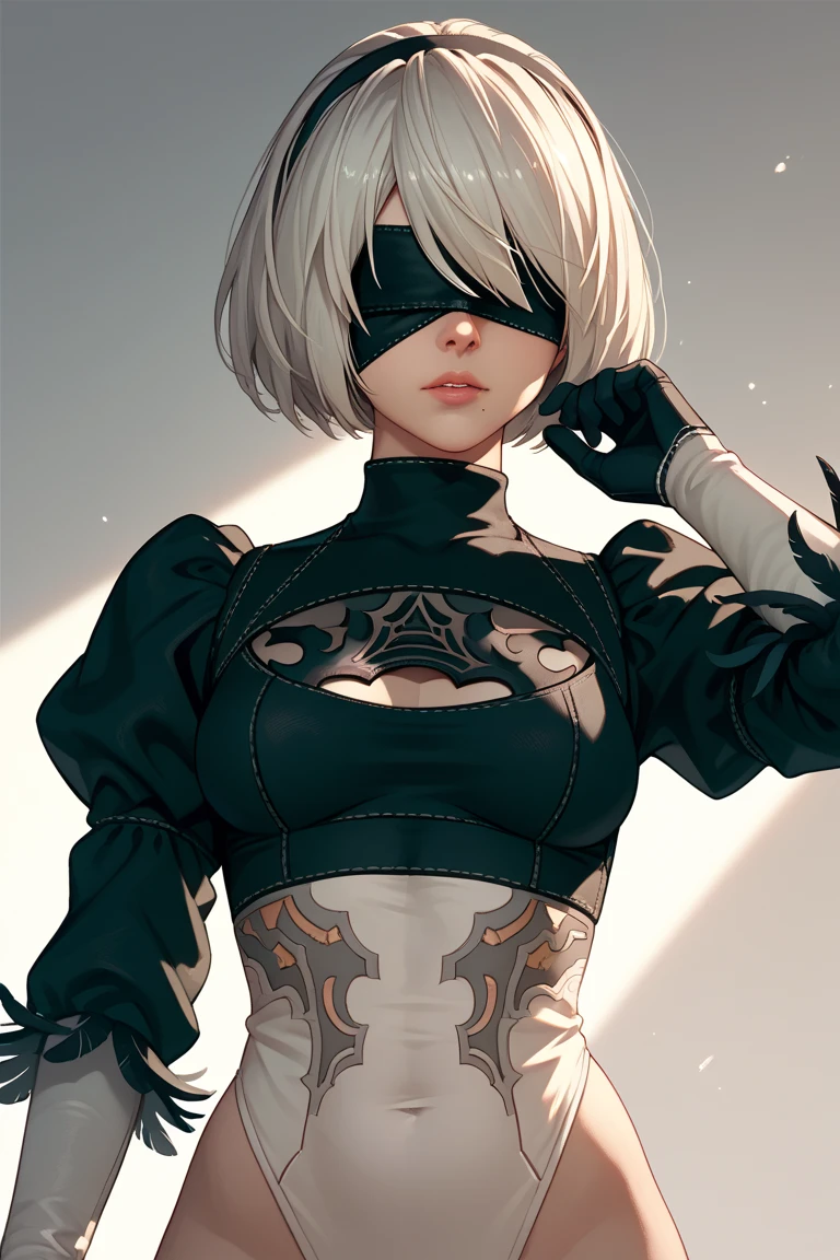 n_2b, beautiful, highly detailed, 4k, close up portrait of blindfold 2b, wearing a thin black hairband, snowflakes