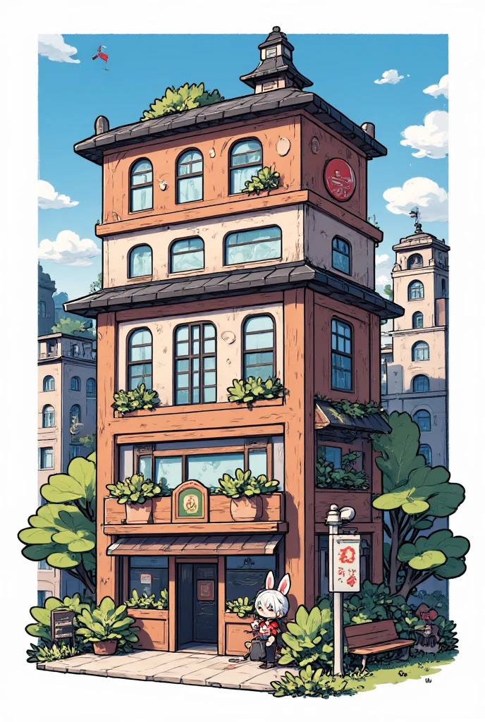 A tall anime style illustration, and the interior decoration of a Chinese hot pot restaurant, solid colors without any shadows. The two-story wooden house，has many large windows and vertical details, plus elements such as balconies, roof equipment,. surrounding it with smaller buildings,  Street Lights ,  parked car , and benches create a busy atmosphere. including simple greenery such as lawns and trees, Add a few little characters at the entrance of the building to show active. surrounds the scene set in a clear, clear sky, Keep it flat, Clean, The diagonal view from a slightly higher angle presents a colorful appearance