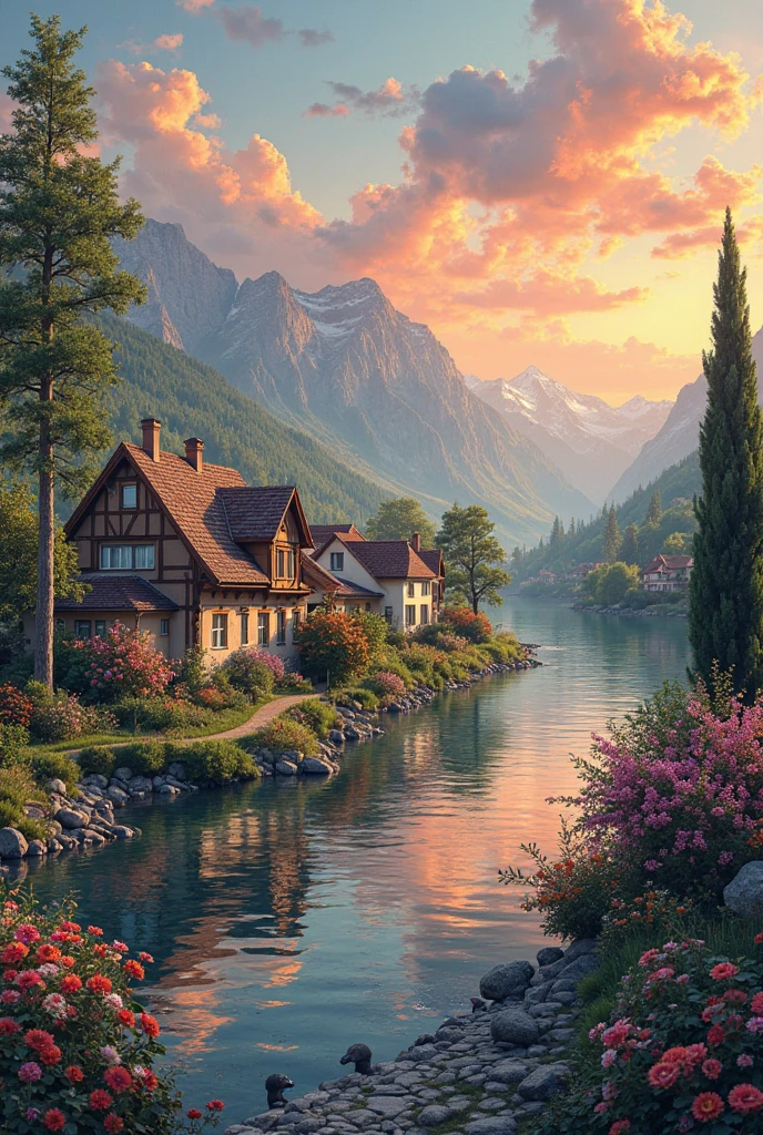 a small village by the river, mountains in the background, floral flowers colorful, detailed landscape, Beautiful natural landscapes, atmospheric lighting, scorching sunset, warm colours, practical, photopractical, Detailed Foliage, complex buildings, cobblestone street, Charming country house, swirly vibrant colors, lush vegetation, Still water reflections, Picturesque, idyllic, work of art, best qualityer, 8k, extremely detaild,anime styling