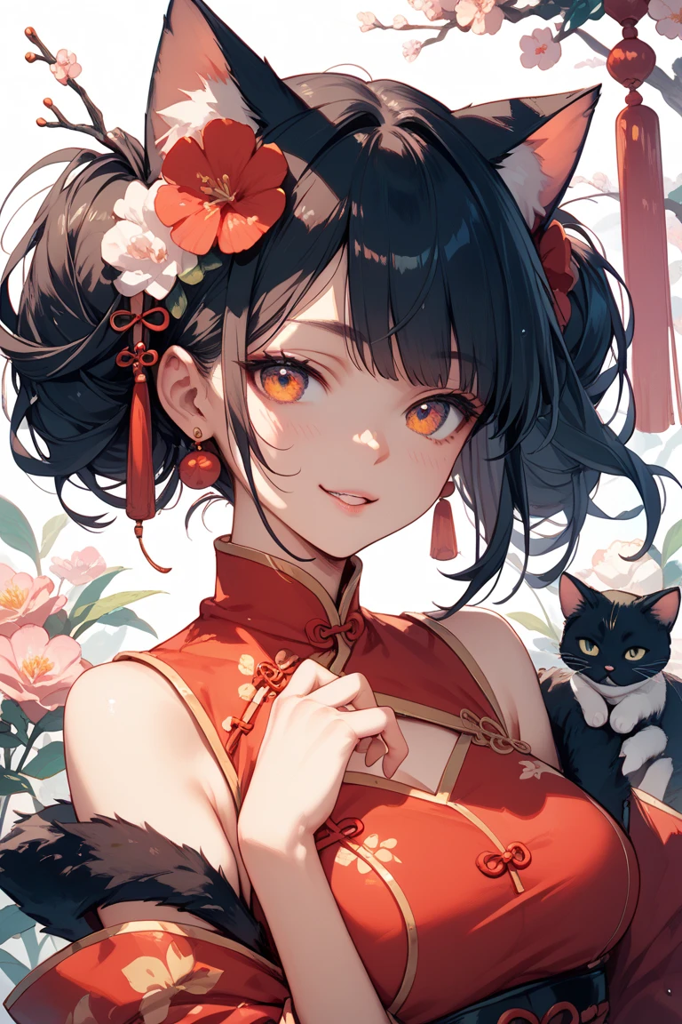 (neko maid:1.5),(best quality,ultra-detailed,highres:1.2),beautiful girl with flawless face,very_long eyelashes, detailed lips, radiant smile, soft skin, glossy hair,vibrant background, natural lighting,The cutest girl in the world,Exquisite makeup,Double tail