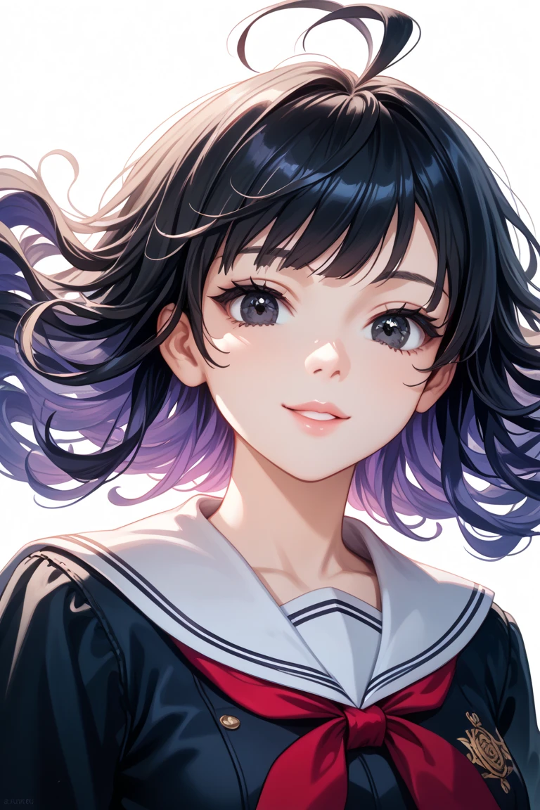 insanely detailed,
She is beautiful,
A cute anime-style girl(1.7),
Cell-shaded style with vibrant(1.7), 2D anime style(1.7), flat color(1.7),
sharp focus (1.3), clear lines, crisp edges, crisp outlines, rich harmonized colors,
alluring mystique, stunning clarity,
short choppy messy pixie cut black hair with ahoge, silky smooth texture, no white strands, glossy hair with highlights, 
beautiful eyes,  detailed irises, gentle shading, exquisite eyelashes, ultra-detailed eye contours(1.3), intricate iris patterns(1.3),
highly detailed black eyes with intricate irises and large highlights, calm and composed gaze with subtle intensity, Clear eyes(1.5),
ultra-detailed eye contours(1.3), intricate iris patterns(1.3), delicate eyelash highlights, glossy hair texture, flowing hair strands(1.3), vibrant, very aesthetic, high contrast, newest, 
calm and composed gaze, subtle intensity, boyish,
delicate yet undeniable strength, 
Ethereal beauty, quiet confidence, innocent yet captivating.  
Delicate facial features, pure aura, like a spring breeze—fragile, yet unyielding.
pure white neckerchief, traditional Japanese style, long sleeves, school uniform, serafuku,
wearing a classic black sailor uniform entirely in black (2.0), 
No letters, symbols or emblems on the sailor uniform(1.7), 
jet black fabric, with 3 black stripes on the collar and sleeves, simple black sailor collar (1.7), black shirt, 
Backlight, 
white background, simple background,  
1girl, solo, no additional characters,
Masterpiece, best quality, ultra-detailed, 8k resolution,
perfect anatomy, no tattoos or symbols on face(1.9),
slender figure, tall, small breasts, soft pink lips,
fair flawless porcelain-like skin with dewy radiance, 

Natural posing, arched back,  
looking at viewer,  light smile,
face shot, front view, extreme close-up view, 
highly detailed face, refined body, flawless skin.