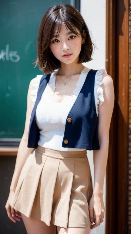 (masterpiece:1.2, highest quality), (realistic, photorealistic:1.4), beautiful illustrations, (natural side lighting, movie lighting), Depth of written boundary,
looking at the viewer, Front view, 1 girl, English, high school girl, 18 years old, perfect face, Cute symmetrical face, shiny skin, open legs,
(bob hair:1.7,blonde), asymmetrical bangs, Big eyes, droopy eyes, long eyelashes chest), thin,
beautiful hair, beautiful face, fine and beautiful eyes, beautiful clavicle, beautiful body, beautiful breasts, beautiful thighs, beautiful feet, beautiful fingers,
((fine fabric texture, brown knit vest, short sleeve white collar shirt, navy pleated skirt, Navy bow tie)),
(beautiful scenery), evening, (Inside the flower shop), Are standing, (smile, Upper grade, open your mouth), (((skirt lift, No panties, genitals visible))), full body shot, dark blue socks,
