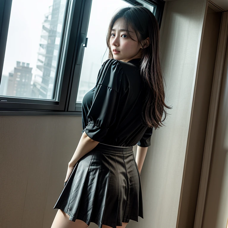 (8k, Highest quality, masterpiece: 1.2)(Realistic, photoRealistic, photo-Realistic:1.37)She is wearing a black satin turtleneck shirt with a strong sheen of silk satin.:1.8,Wearing a long black satin pleated skirt:1.8,Strong glossy satin,Soft, smooth and silky to the touch,The material is satin,No exposed skin:1.8,blush,Embarrassed look,gigantic breasts:1.8,Ultra HD,Plump,Chubby,smile,bigbody,Slit eyes,Very fat:1.2,blunt bangs:1.3,Short Bob,Hair tucked behind ear,wearing big earrings,full body shot:1.5,She is wearing satin gloves:1.2,Photo taken in the multi-purpose toilet:1.5,Satin pleated skirt:1.8,She is wearing black long boots.:1.3