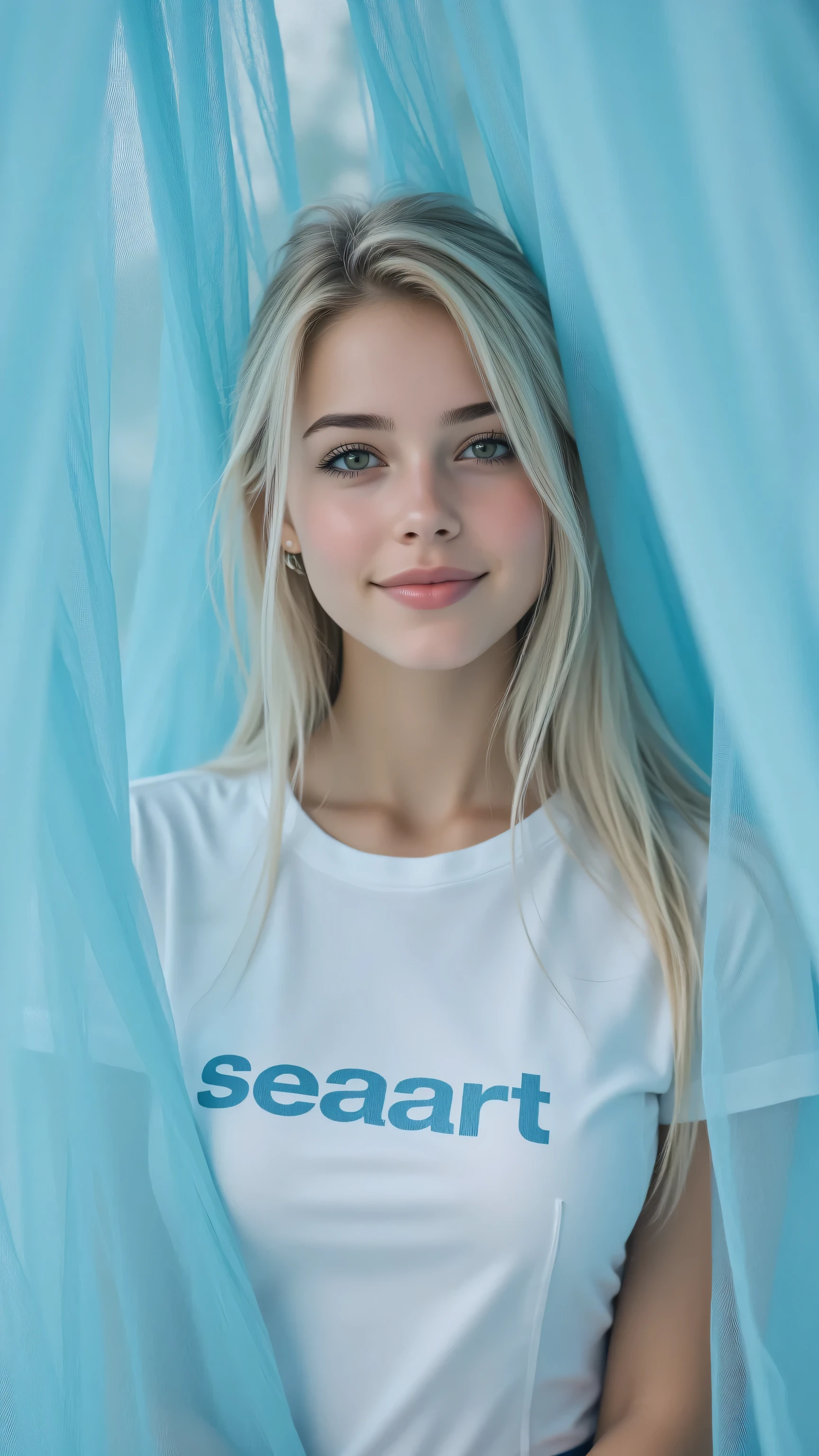 Blue organza ceiling, Lightweight and dreamy , seaart ,A woman wearing a T-shirt with "seaart" written on it.