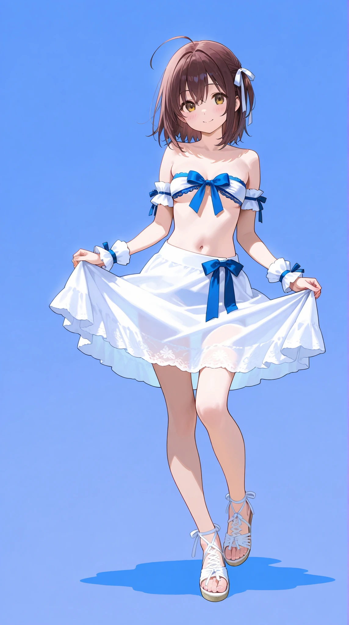 ((masterpiece)), highest quality, 1 girl, 、school swimwear、small breasts、Wedgie、13 years old、bob hair、white background、Commemorative photo、view from below